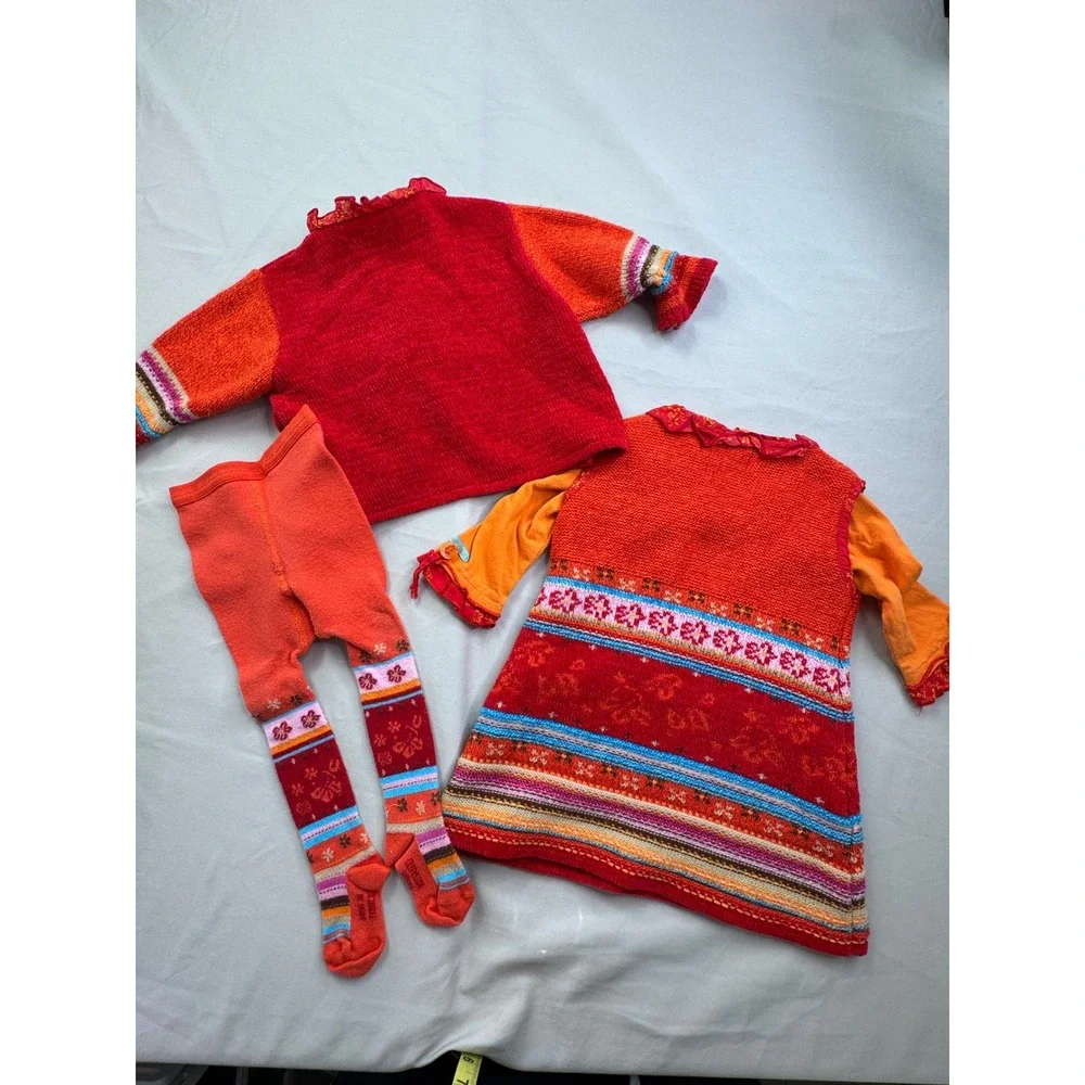 Clayeux Enfant Girls 4pc Red Orange Knit Dress Cardigan Tights Set 9M France